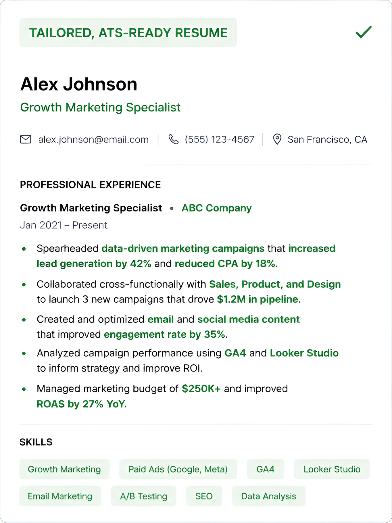Tailored resume example after Resuque improvements
